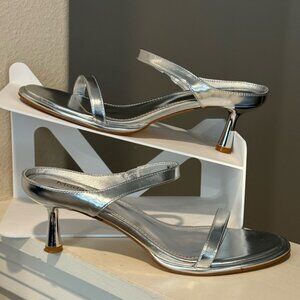 Modatope Women's Silver Kitten Heel Two Strap Slip On Open Toe Heels | Size 7